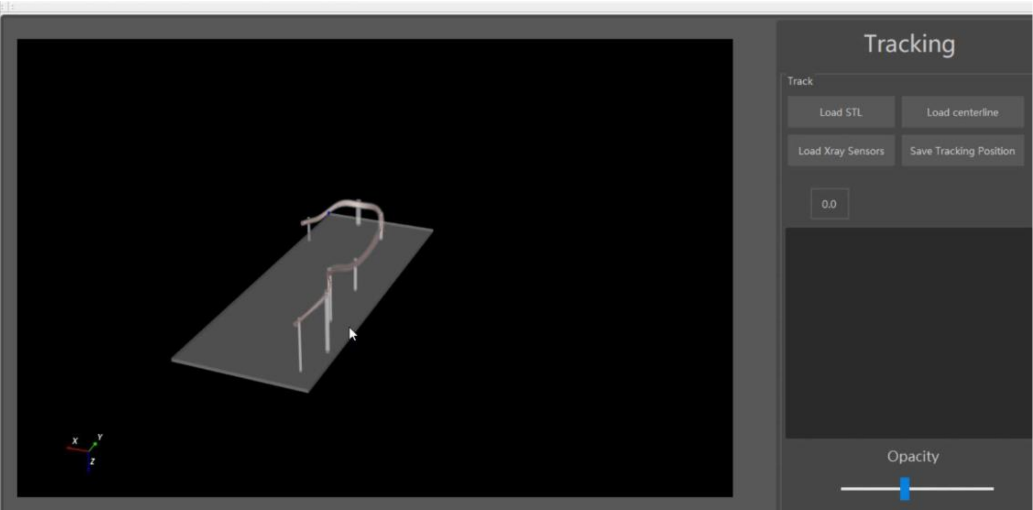 Tracking interface of the vascular intervention training system, showing a 3D vessel model with sensor posts and controls to load the model, centreline, and X-ray sensors